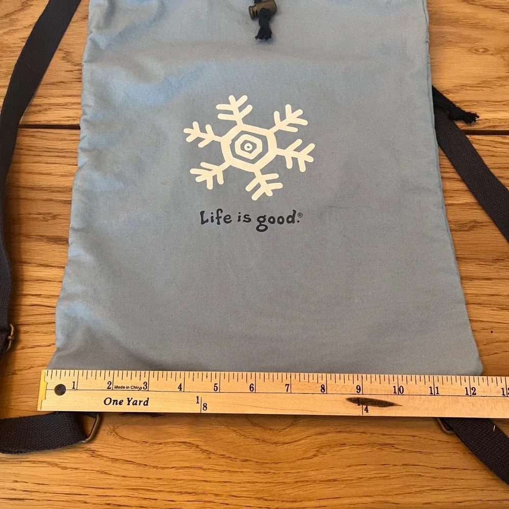 Life is Good Blue Canvas Snowflake Drawstring Backpack Cinch Bag with Zip Pocket